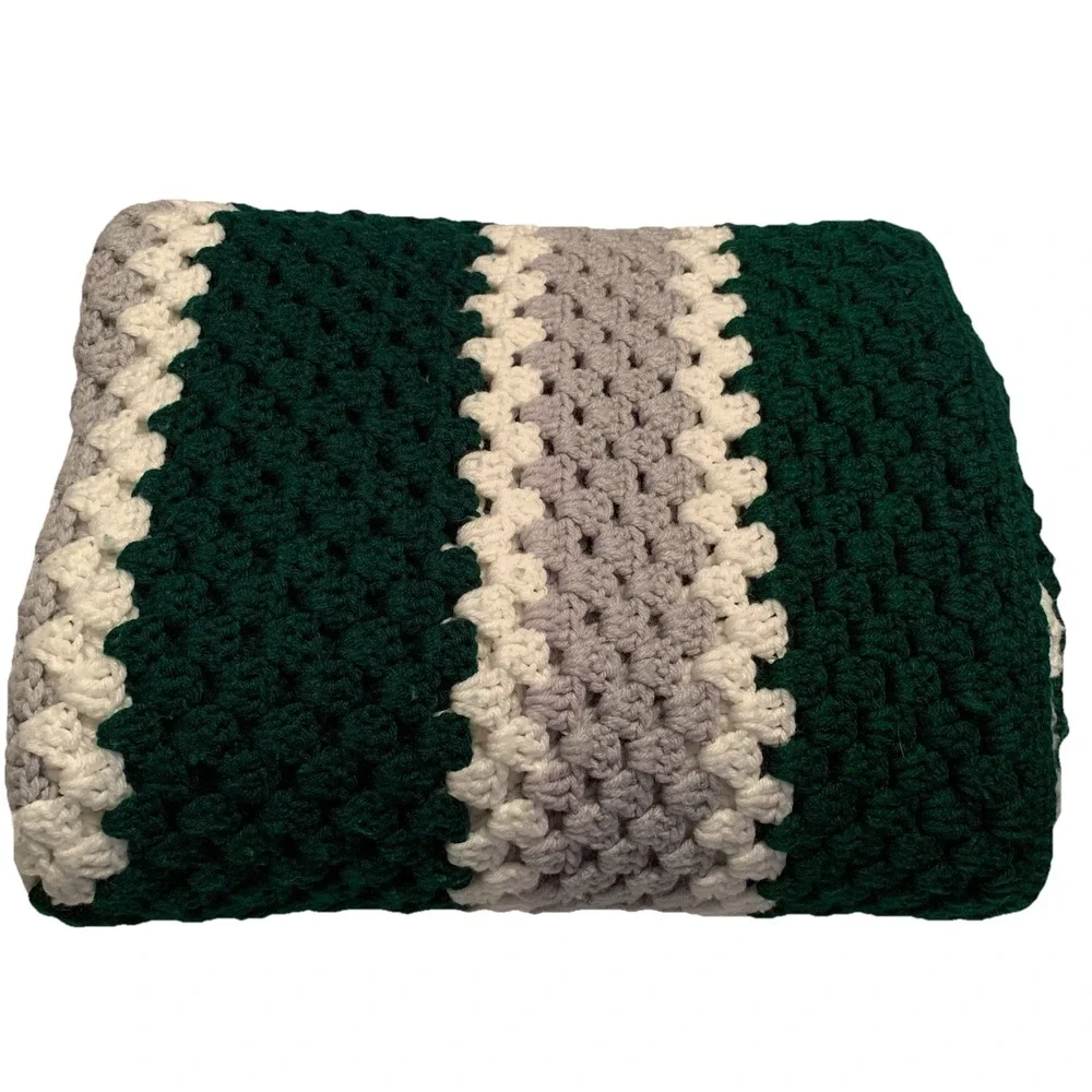 Vintage Handmade Crochet‎ Afghan Blanket Green Gray White 65 X 65 Granny Square